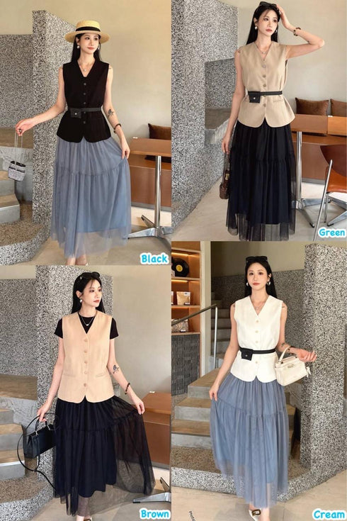 Women Casual Vest and  Twill Skirts With Pocket Belt Sets